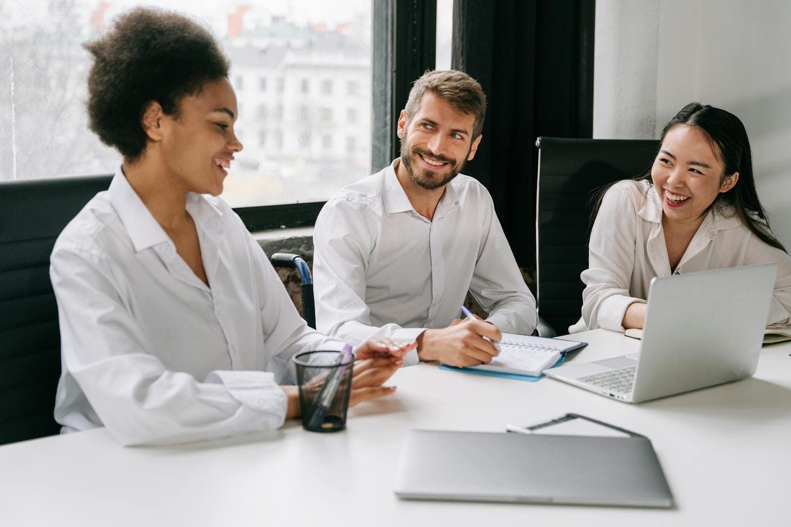 A team collaborating in a bright office space
